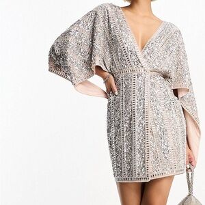 Starlet Cape Detail Mini Dress in Blush with Silver Embellishment